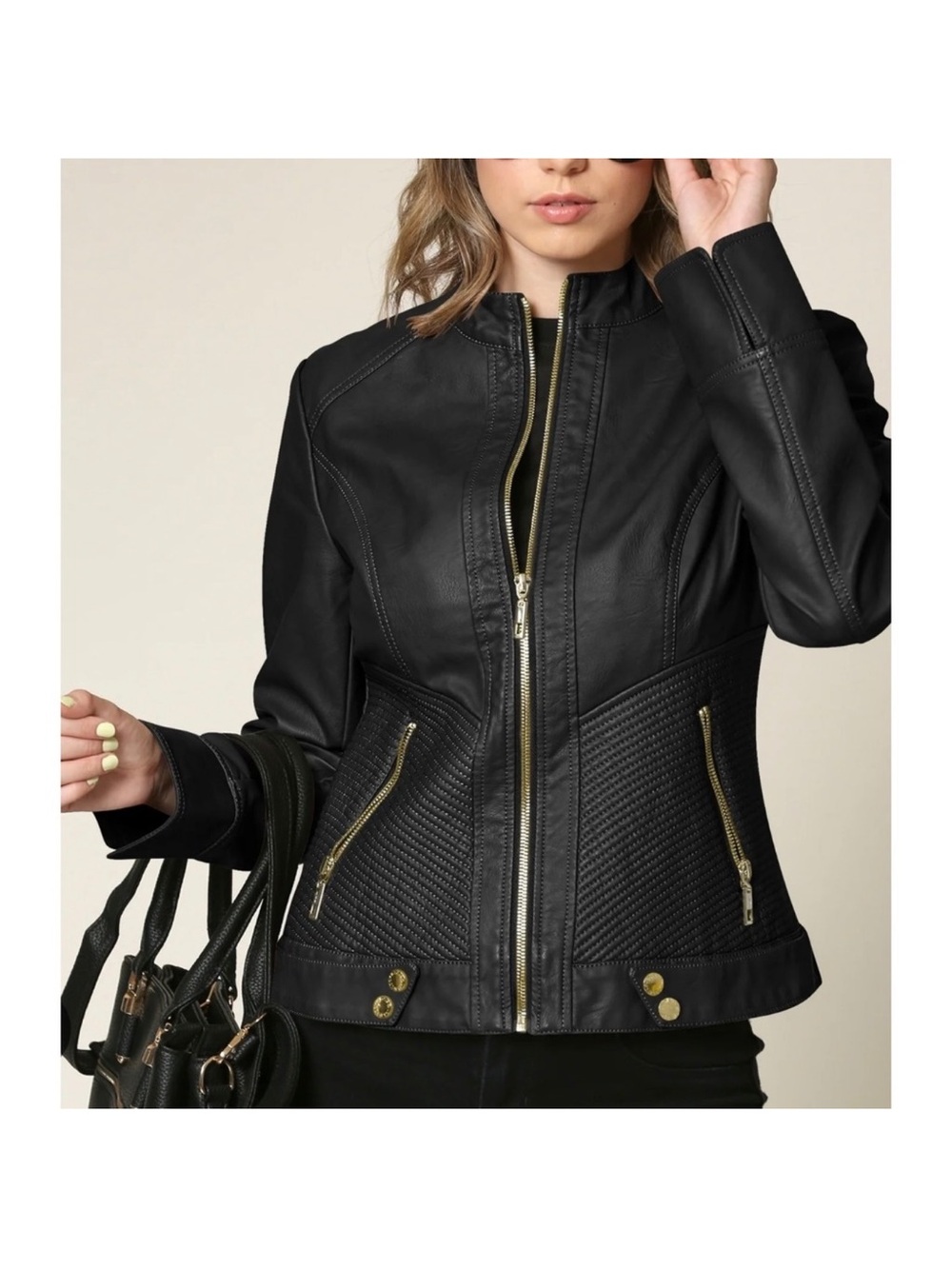 Made by Johnny Black Faux Leather Moto Jacket Women's Size‎ M Gold Zipper